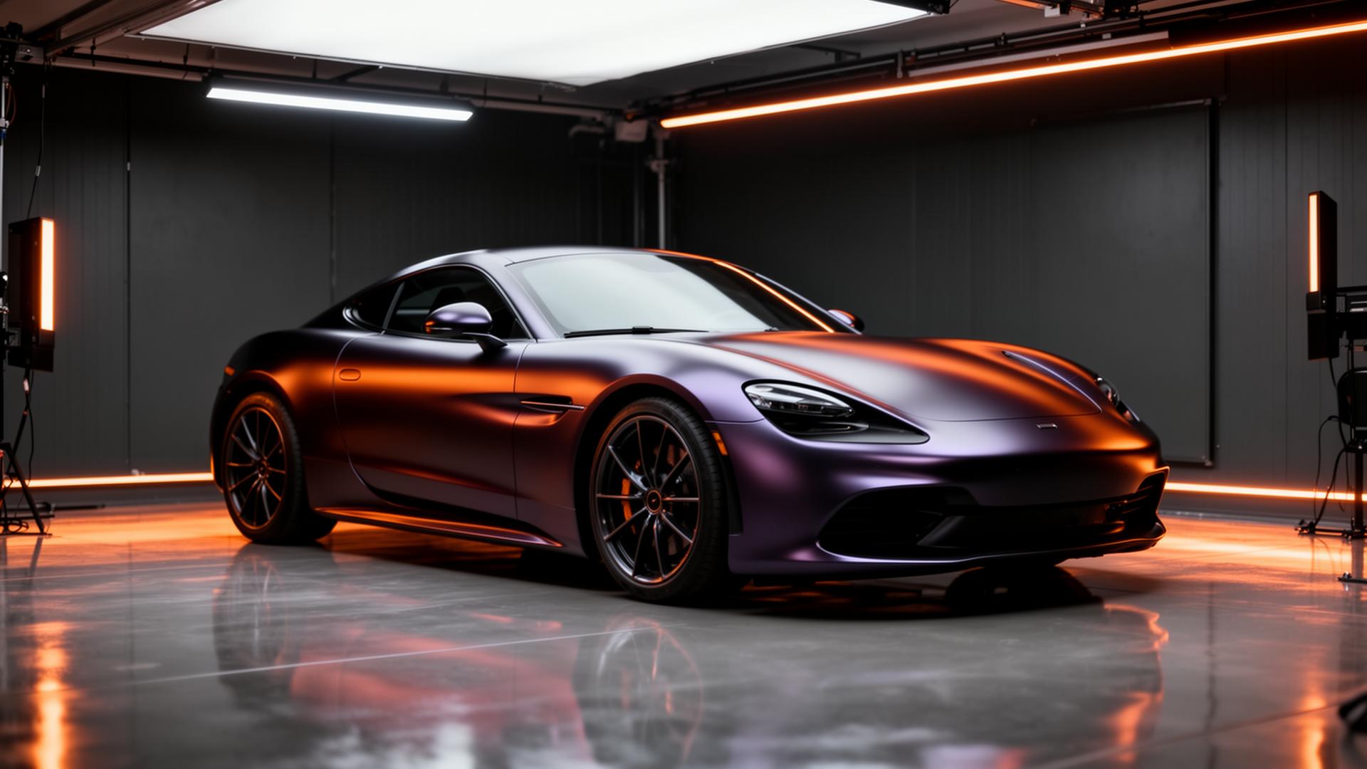 Sports car wrapped in colour-shift vinyl in a professional studio