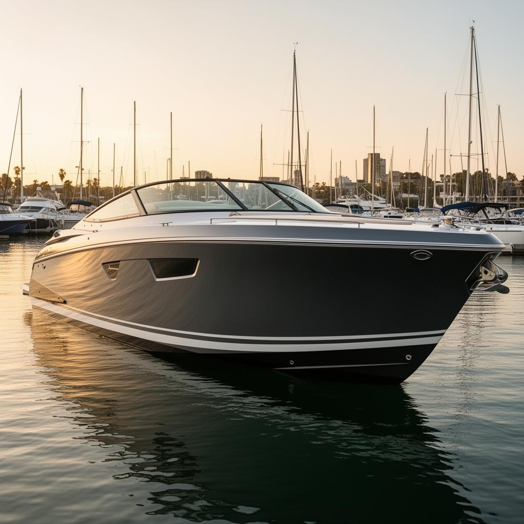 Powerboat hull wrapped in gloss metallic charcoal vinyl at a marina