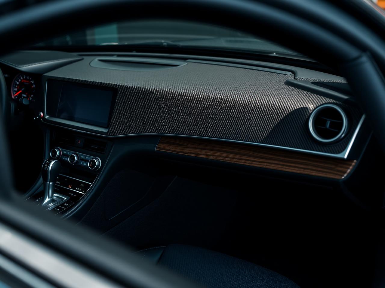 Car interior wrapped in carbon fiber and wood-grain film on the dash and console
