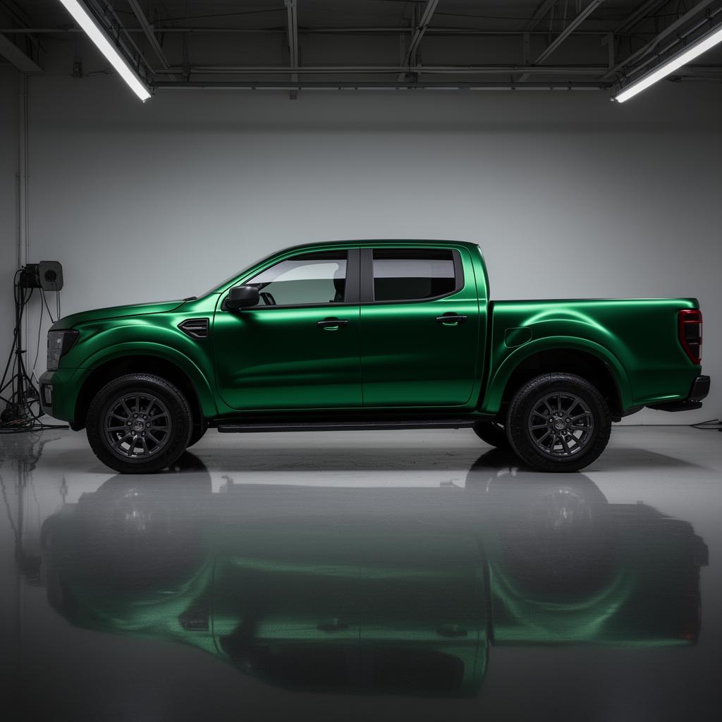 Pickup truck wrapped in satin green vinyl in a wrap studio