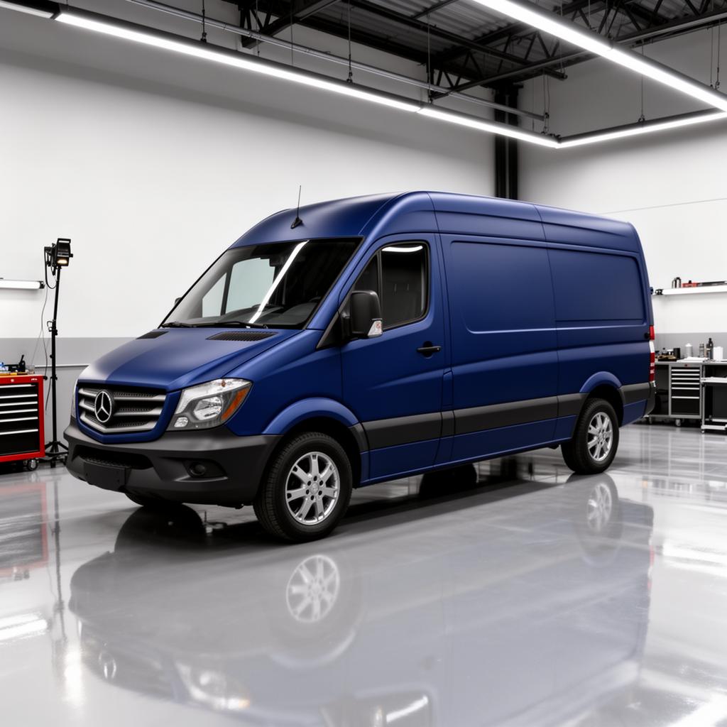 Cargo van wrapped in matte deep blue vinyl in a wrap shop